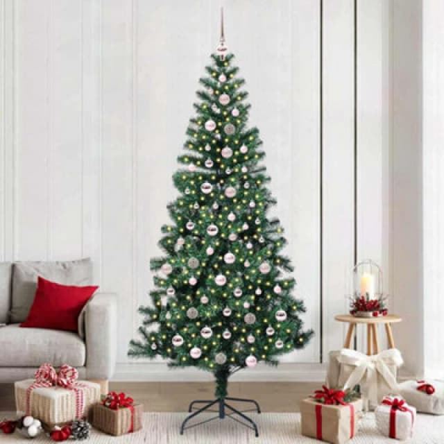 vidaXL Artificial Pre-lit Christmas Tree with Pink Balls Green 240cm PVC and Metal, Green 3396790