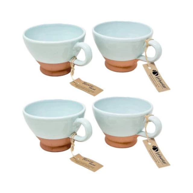 Verano Spanish Ceramics Rustic Pastel Half Dipped Terracotta Kitchen Set Of 4 Breakfast Cups Duck Egg Blue 14Cm