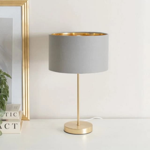 ValueLights ValueLights Charlie Gold Stem Table Lamp with Fabric Drum with Gold Inner Lamp Shade in Grey Grey One Size Unisex 5059406060700