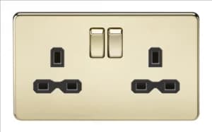 KnightsBridge 13A 2G DP Screwless Polished Brass 230V UK 3 Pin Switched Electric Wall Socket - Black Insert