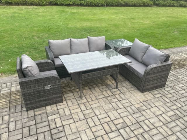 Fimous 6 Seater Garden Rattan Furniture Dining Table Sofa Set Indoor Outdoor with Reclining Chairs Side Table Dark Grey Mixed Dark Grey Unisex