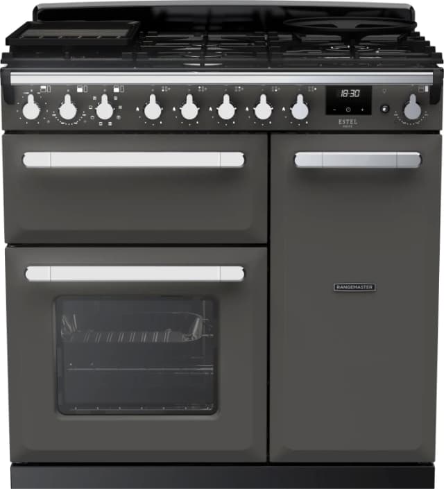 Rangemaster Estel Deluxe ESDL90DFPSLT/CM1 90cm Dual Fuel Range Cooker - Slate / Chrome - A/A Rated