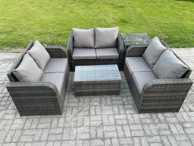 Fimous Outdoor Garden Furniture Sets 6 Seater Wicker Rattan Furniture Sofa Sets with Rectangular Coffee Table Love Sofa Side Table Dark Grey