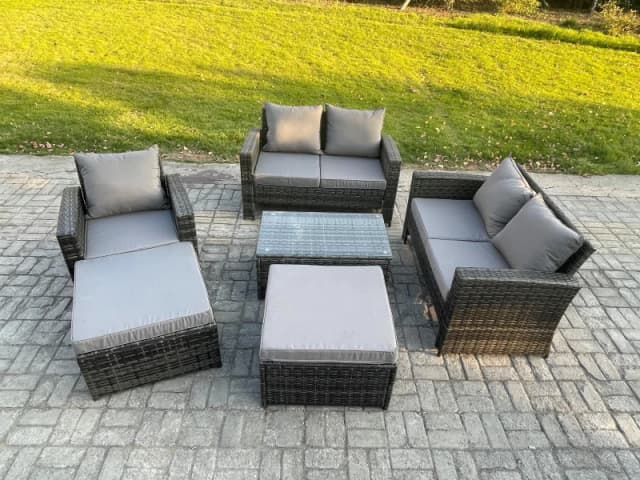 Fimous Outdoor Rattan Garden Furniture Set 7 Seater Patio Lounge Sofa Set with Coffee Table 2 Big Footstool Dark Grey Mixed Dark Grey Unisex