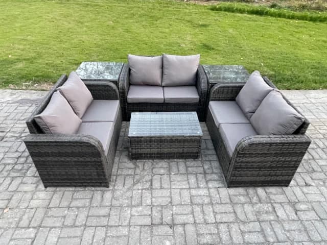 Fimous Outdoor Garden Furniture Sets 6 Seater Wicker Rattan Furniture Sofa Sets with Rectangular Coffee Table Love Sofa 2 Side Tables Dark Grey