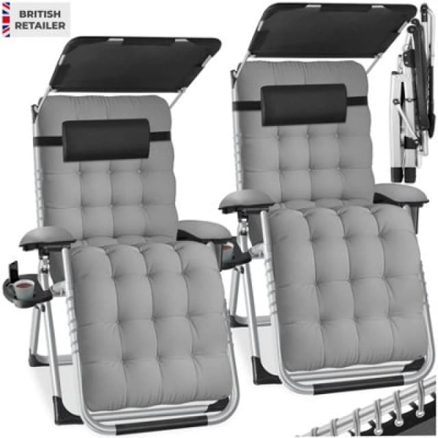 Tectake Sun Lounger Cirrus With Plush Padding, Built-In Sun Shade And Folding Function - Light Grey - Set Of 2