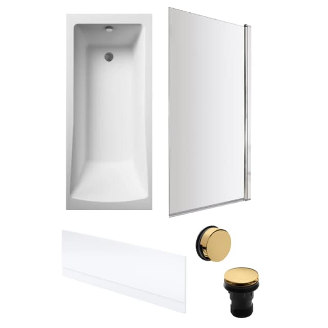 Balterley Square 1700x700 Bath Set - Panel, Chrome Screen & Brass Waste in White White Unisex