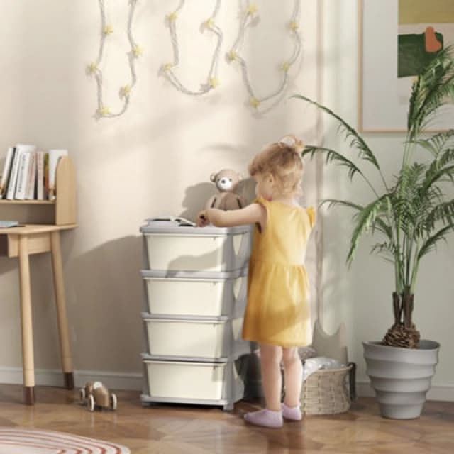 HOMCOM Kids Storage Units with Drawers 4 Tier Chest Dresser Tower Cream 311-023V01CW
