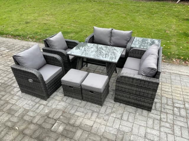 Fimous Wicker PE Rattan Garden Dining Set Outdoor Furniture Sofa with Rectangular Dining Table Side Table 2 Small Footstools Dark Grey