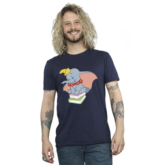 Disney Men Dumbo Sitting On Books T-Shirt in Navy Size: Small Navy S Male 5063153512740