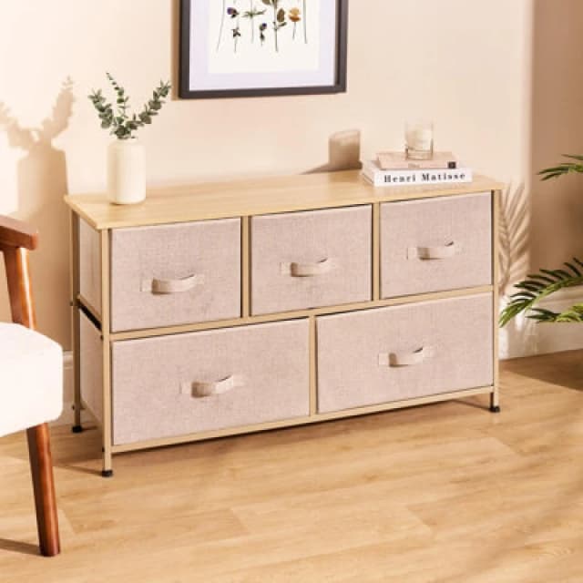 OHS OHS Brooklyn 5 Chest of Canvas Drawers Organiser with Wood Top in Beige Beige One Size Unisex 5027434233717