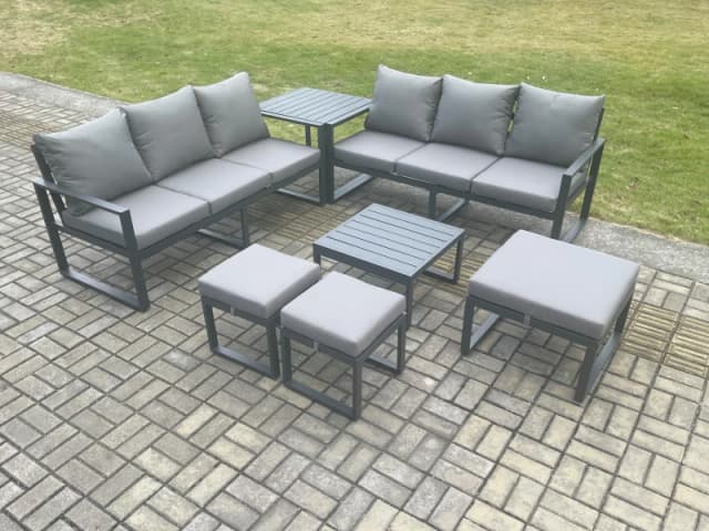 Fimous Aluminium 9 Seater Outdoor Garden Furniture Lounge Sofa Set with Square Coffee Table 3 Footstools Side Table Dark Grey Dark Grey Unisex