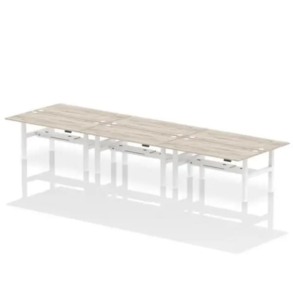 Air Air Back-to-Back 1800 x 800mm Height Adjustable 6 Person Bench Desk Grey Oak Top with Cable Ports White Frame HASCP6P18800GRYW