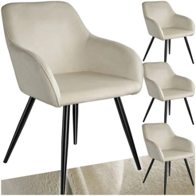 Tectake Set Of 4 Dining Chair Marilyn - With Armrests, Padded, Velvet Look, Black Steel Legs - Cream/black