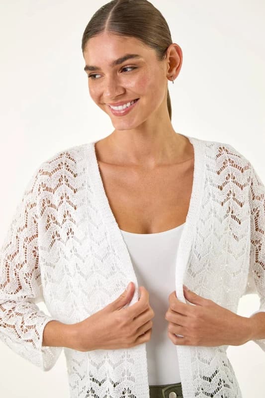 Roman Womens Wave Stitch Detail Knit Cardigan in White Size: 14 White Female 14
