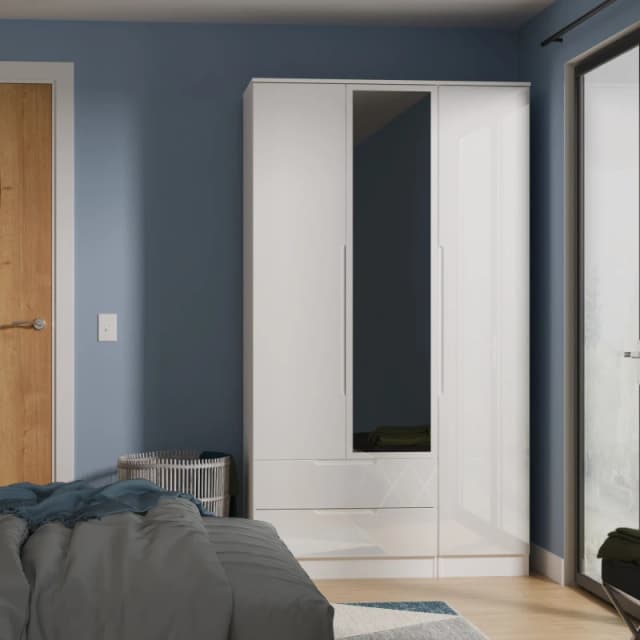 Welcome Furniture Ready Assembled Milan Tall Triple 2 Drawer Mirrored Wardrobe In White Gloss & White MIL142WGW