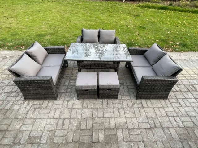 Fimous Wicker PE Rattan Garden Furniture Sets Outdoor Lounge Sofa Set with Oblong Dining Table Double Seat Sofa Dark Grey Mixed Dark Grey Unisex