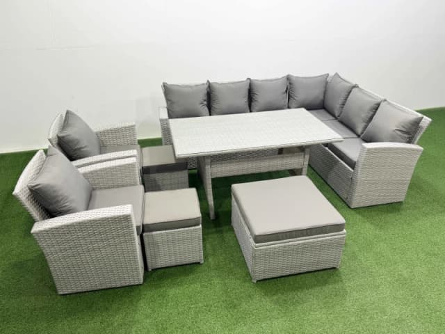 Fimous Rattan Garden Furniture Set Outdoor 11 Seater Dining Corner Sofa Sets in Light Grey Light Grey Unisex