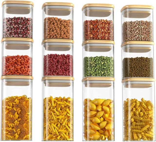 NEO DIRECT Neo Set of 12 Square Glass Storage Jars with Bamboo Lids Airtight Glass Canisters RECT-TALL-12PC