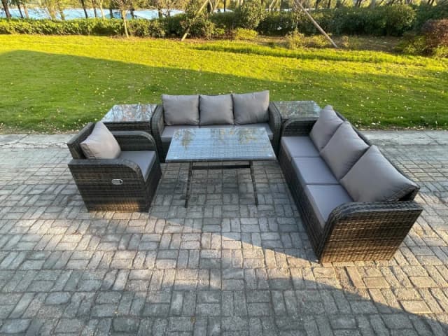 Fimous Outdoor Lounge Sofa Set Wicker PE Rattan Garden Furniture Set with Rectangular Dining Table Reclining Chair 2 Side Tables Dark Grey Mixed Dark