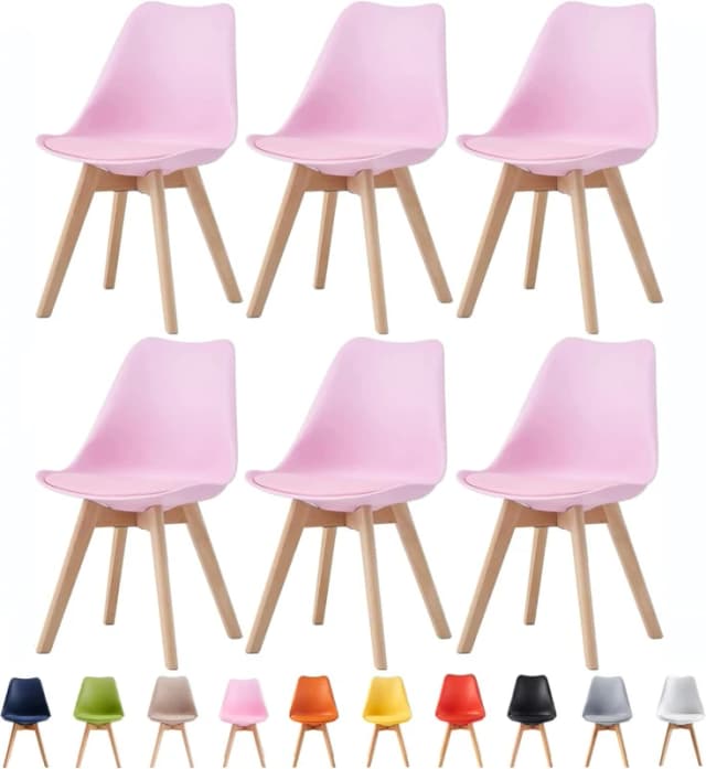 MCC Direct Set of 6 Dining Chairs with Solid Wooden Legs & Seat Cushion Pads in Grey - Eva by MCC in Pink Pink Unisex