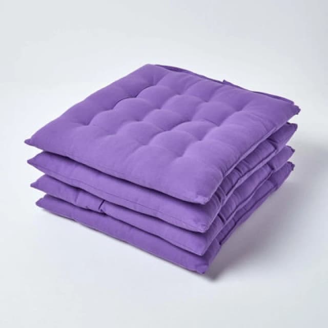 Homescapes Purple Seat Pads 100% Cotton Chair Cushions 40X40 Cm, Set Of 4 Plain Chair Pads For Dining, Kitchen Or Garden Outdoor