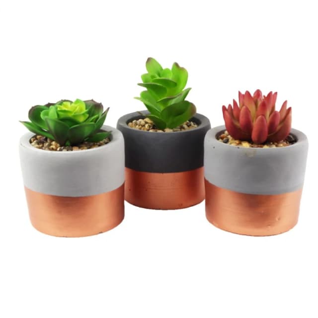 Leaf 14cm Set of Three Stoneware Mini Copper Band Planters with Artificial Succulent Plants Red unisex