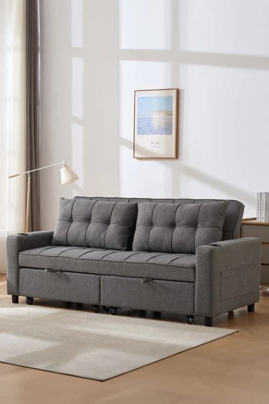 More4Homes Hudson 3-Seater Sofa Bed Linen Fabric With Cup Holders Grey