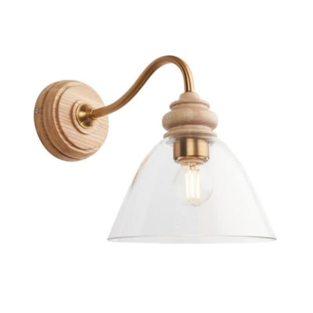 Cotswold Dome Wall Lamp Natural Ash, Brushed Aged Brass Plate, Clear Glass , 1x E14