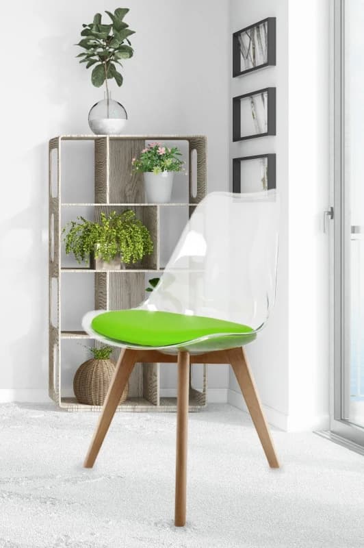 Fusion Living Soho Clear Plastic Dining Chair with Squared Light Wood Legs in Green Green Unisex