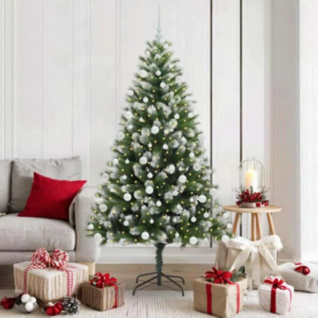vidaXL Artificial Hinged Christmas Tree with White Balls Flocked Snow 180 cm, Green 3395445