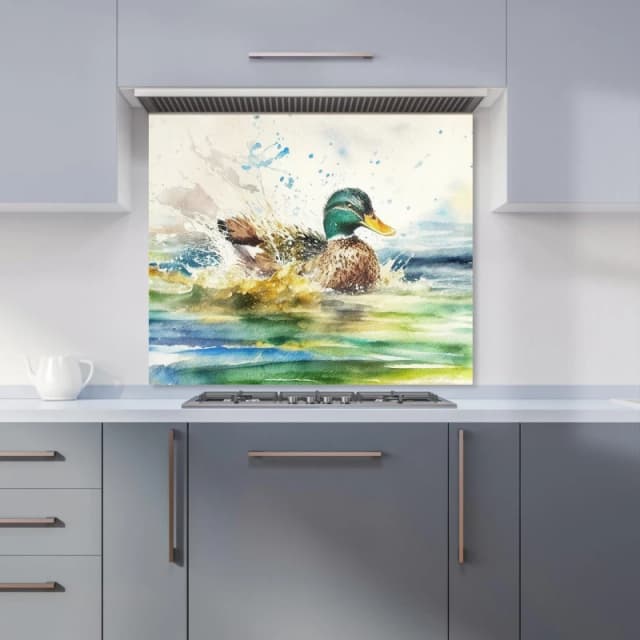 Warren Reed - Designer Splashing Mallard Watercolour Kitchen Splashback in Brown Size: 600mm x 750mm Brown Unisex 600mm x 750mm