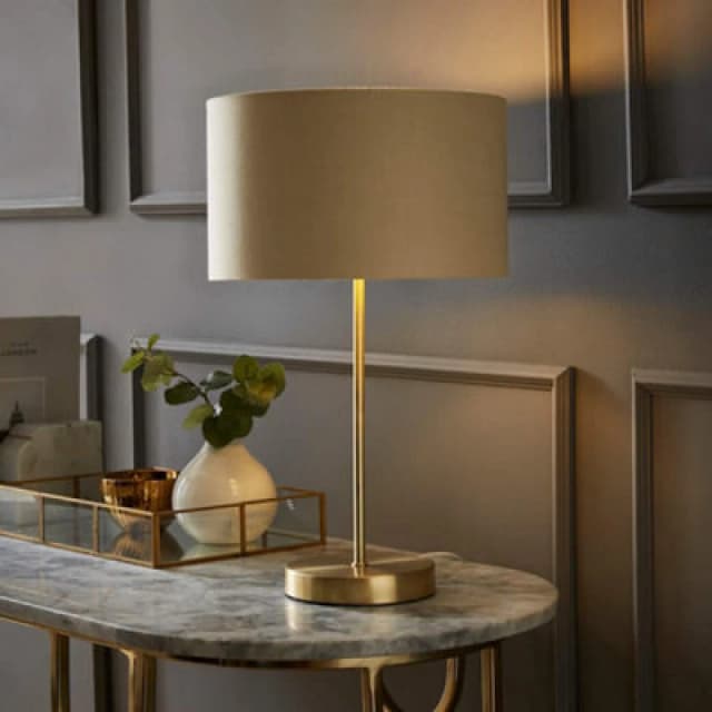 ValueLights ValueLights Charlie Gold Stem Table Lamp with Fabric Drum with Gold Inner Lamp Shade in Natural Natural One Size Unisex 5059406060724