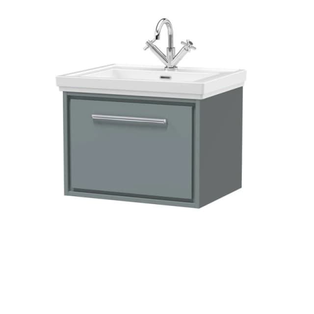 Balterley Modern Bathroom Wall Hung Single Drawer Vanity Unit With Fireclay Basin, Coastal Grey, 600mm