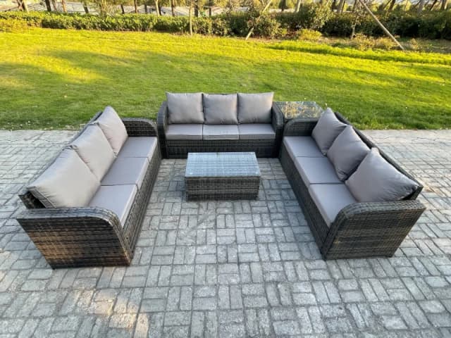 Fimous Rattan Lounge Sofa Set 9 Seater Outdoor Garden Furniture Set with Rectangular Coffee Table 3 Seater Sofa Side Table Dark Grey