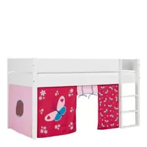 Huxie White Mid Sleeper with Safety Rail and Play Curtain, Red Butterfly