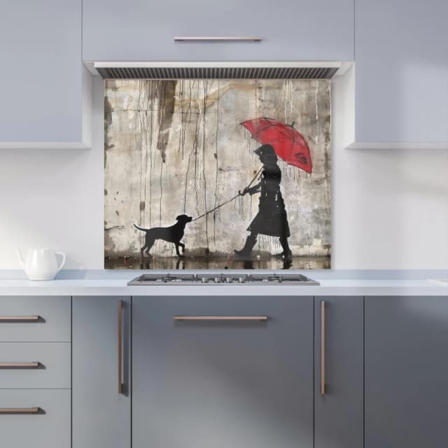 Warren Reed - Designer Rainy Day Walk with Red Umbrella Kitchen Splashback in Yellow Size: 600mm x 750mm Yellow Unisex 600mm x 750mm