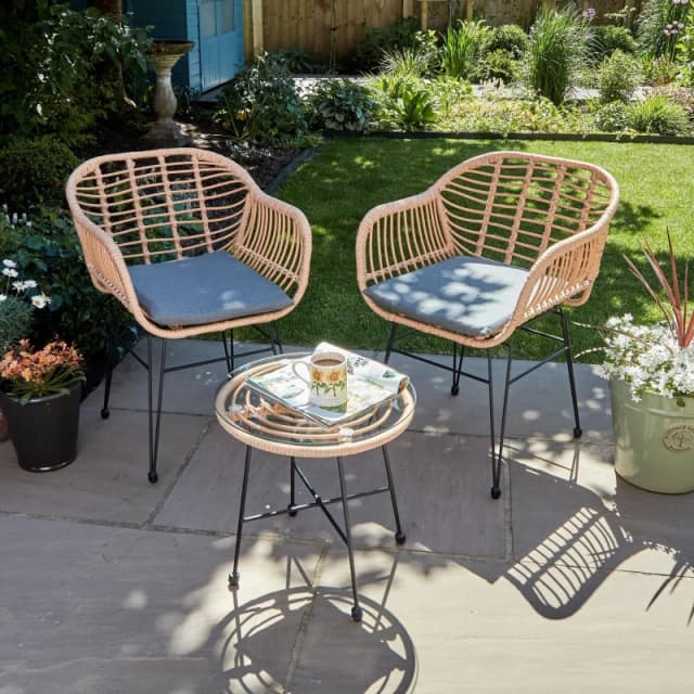 Home Source Flora Outdoor Table And Chair Set Natural Wicker Frame Black Steel Legs Glass Tabletop