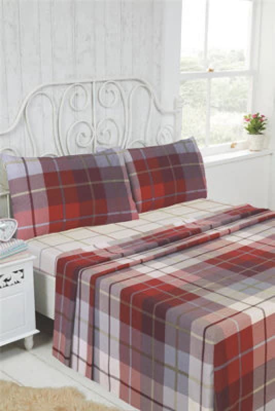 Rapport Flannelette Brushed Cotton Checked Red Fitted Sheet, Flat Sheet And Pillow Case