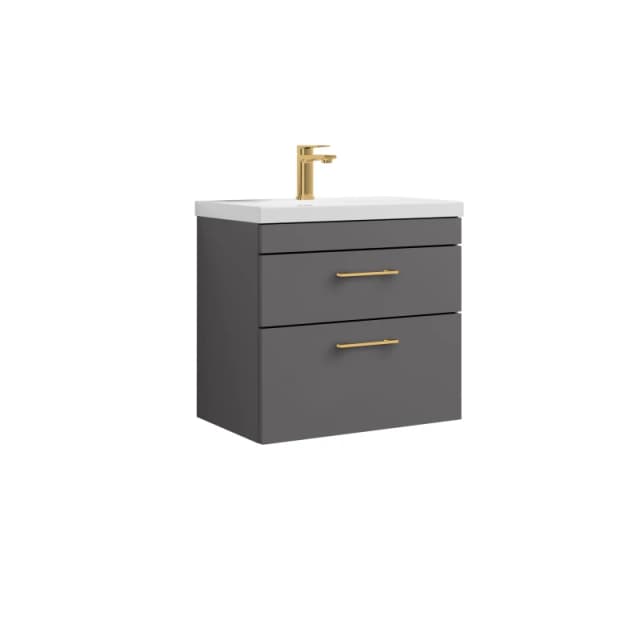Balterley Wall Hung Vanity Basin Unit Gloss Grey Brushed Brass Handles 600mm Grey