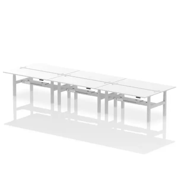 Air Air Back-to-Back 1800 x 800mm Height Adjustable 6 Person Bench Desk White Top with Cable Ports Silver Frame HASCP6P18800WHTS