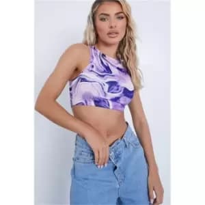 I Saw It First Marble Print Double Layer Racer Neck Crop Top - Purple