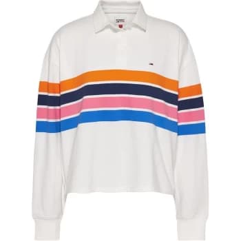 Tommy Jeans Boxy Crop Long Sleeve Polo Shirt - WHITE/MULTI YBR