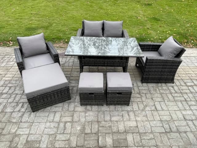 Fimous 7 Seater Outdoor Garden Furniture Set Patio Furniture Rattan Rectangular Dining Table Lounge Sofa in Dark Grey Dark Grey Unisex