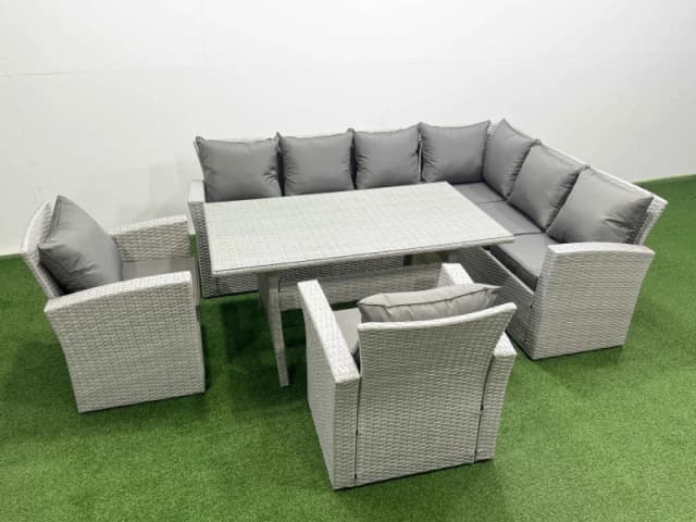 Fimous Rattan Garden Furniture Set Outdoor 8 Seater Dining Corner Sofa Set in Light Grey Light Grey Unisex