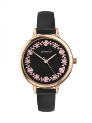 Sekonda Ladies Editions Black Floral Stone Set Dial Leather Strap...