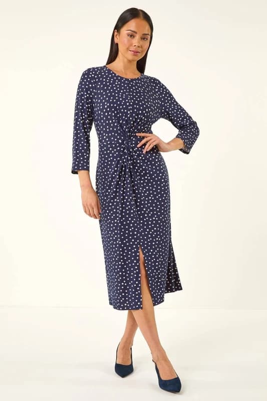 Roman Womens Petite Polka Dot Front Knot Dress in Navy Size: 14 Navy Female 14