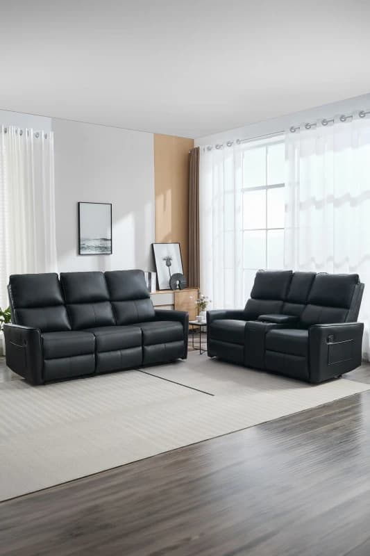 More4Homes Madrid 2+3 Seater W Console Manual Air Leather Recliner Sofa Set Black