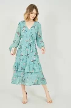 Green Botanical Bird Print Gyspy Dress