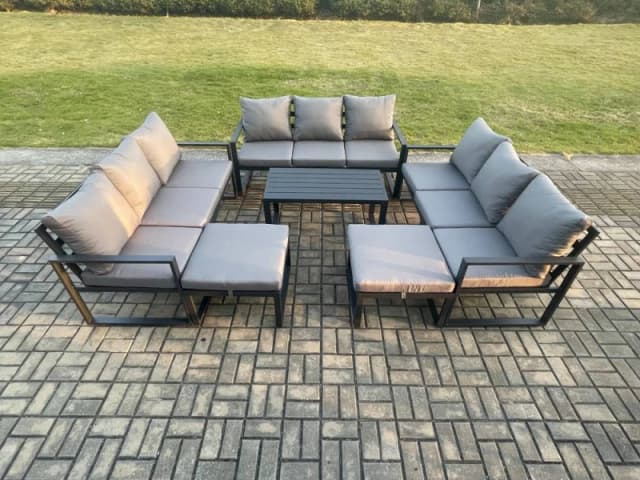 Fimous Aluminium Outdoor Garden Furniture Set Lounge Sofa Oblong Coffee Table 2 PC Big Footstool Sets with Cushions Dark Grey 11 Seater Dark Grey Unis